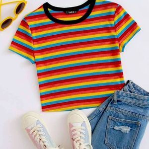 SHEIN | Women’s Tops | Ribbed Ringer Rainbow Crop Top